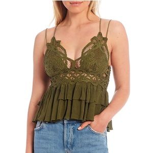 Free People Adella Olive Cami Lace Ruffled Tank Top Size Medium
